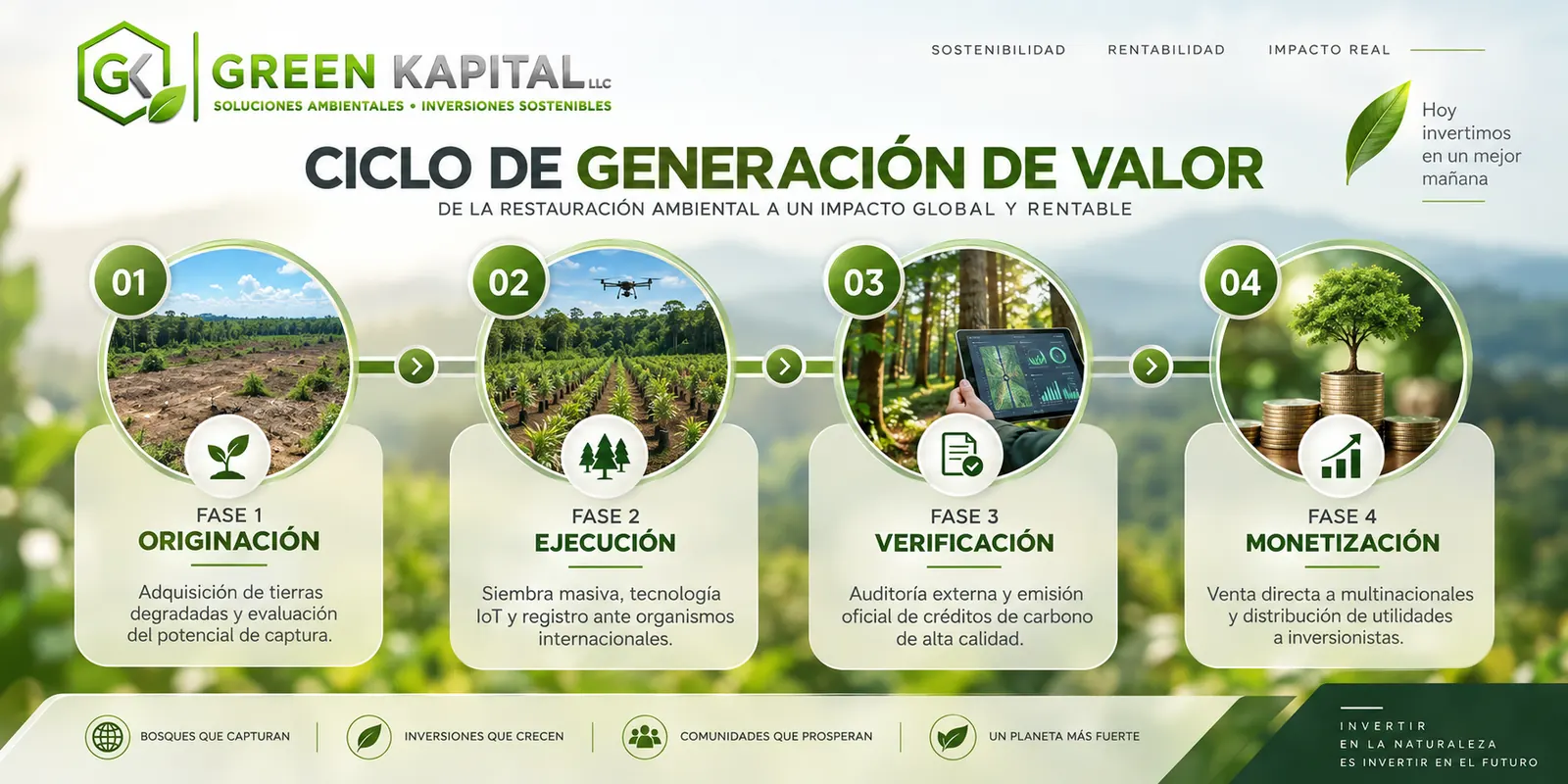 Ciclo de generación de valor: originación, ejecución, verificación y monetización de créditos de carbono