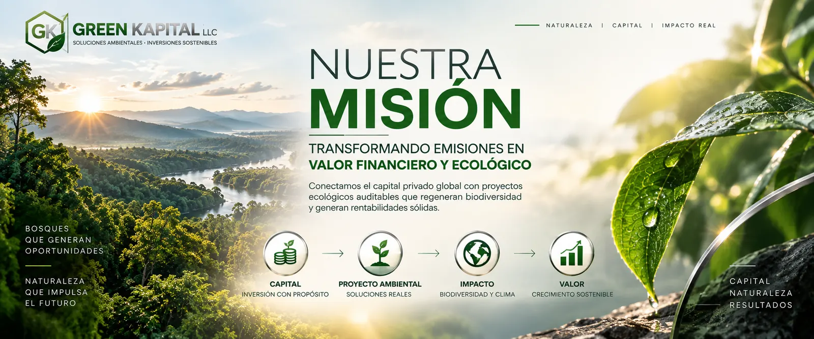 Nuestra misión: transformar emisiones en valor financiero y ecológico. Capital, proyecto ambiental, impacto y valor