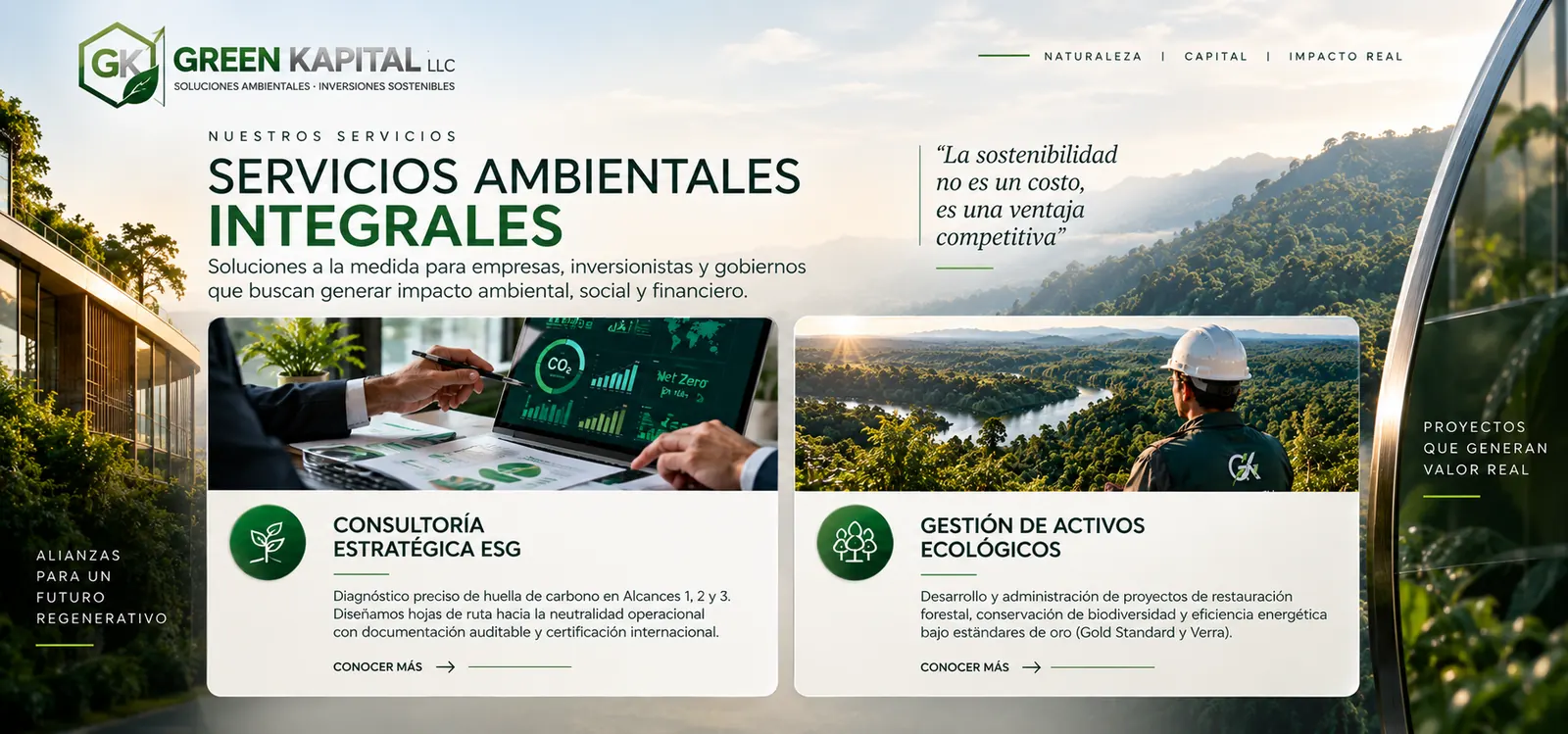 Servicios ambientales integrales: consultoría estratégica ESG y gestión de activos ecológicos para empresas, inversionistas y gobiernos